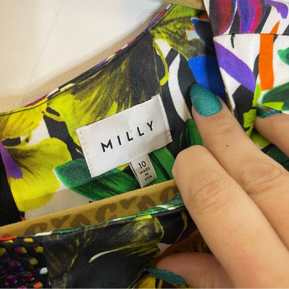 MILLY Multicolor Floral Mesh Detail Exposed Zipper Short Sleeve Dress Size 10 - Picture 4 of 7